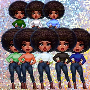 May include: Digital illustration of several cartoon women with large afro hairstyles. Each figure wears a different colored turtleneck, jeans, and brown boots. The color palette includes green, white, blue, orange, and black.