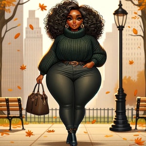 May include: An illustration of a person wearing a dark green turtleneck sweater, dark grey trousers, and black boots, carrying a brown handbag. The person is walking on a pavement with a park bench, street lamp, and falling leaves in the background.