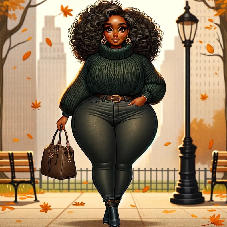 May include: An illustration of a person wearing a dark green turtleneck sweater, dark grey trousers, and black boots, carrying a brown handbag. The person is walking on a pavement with a park bench, street lamp, and falling leaves in the background.
