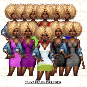 May include: Digital illustration of multiple women with curly blonde hair, wearing various colored dresses and denim jackets. The dresses are in shades of purple, pink, green, white, black, and gray. The text "CANVA FRAME INCLUDED" is at the bottom.