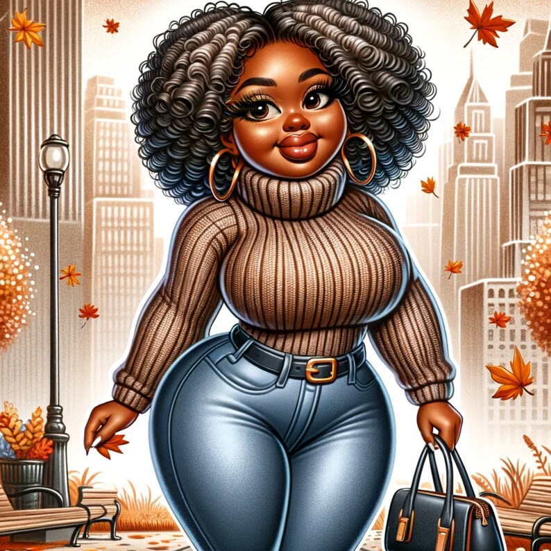 May include: An illustration of a woman wearing a brown turtleneck jumper and blue jeans, carrying a black handbag. She has curly hair and gold hoop earrings. The background shows a city scene with autumn leaves.