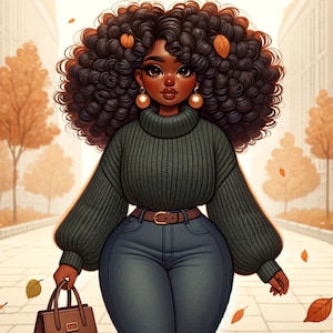 May include: An illustration of a person in a dark green turtleneck sweater, blue jeans, and a brown belt, carrying a brown handbag. The background shows autumn trees and falling leaves, evoking a fall season atmosphere.