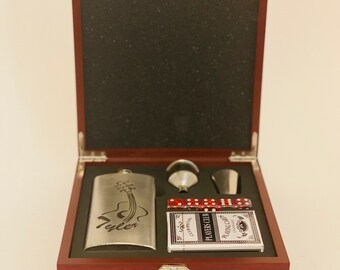 Whiskey Flask in a Rosewood Finish Gift Set, Deck of Cards, Dice, Shot glass, poker night, customizable and laser engraved