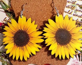 Big Sunflower Wood Earrings