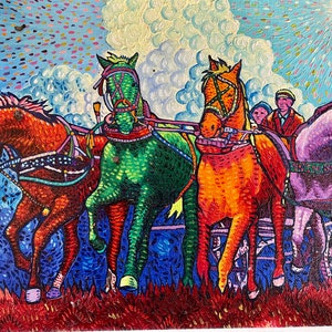 May include: An impressionistic painting depicts a team of four horses pulling a carriage. The horses are in shades of red, green, orange, and purple. The sky is blue with white clouds and colorful dots. Two people are in the carriage.