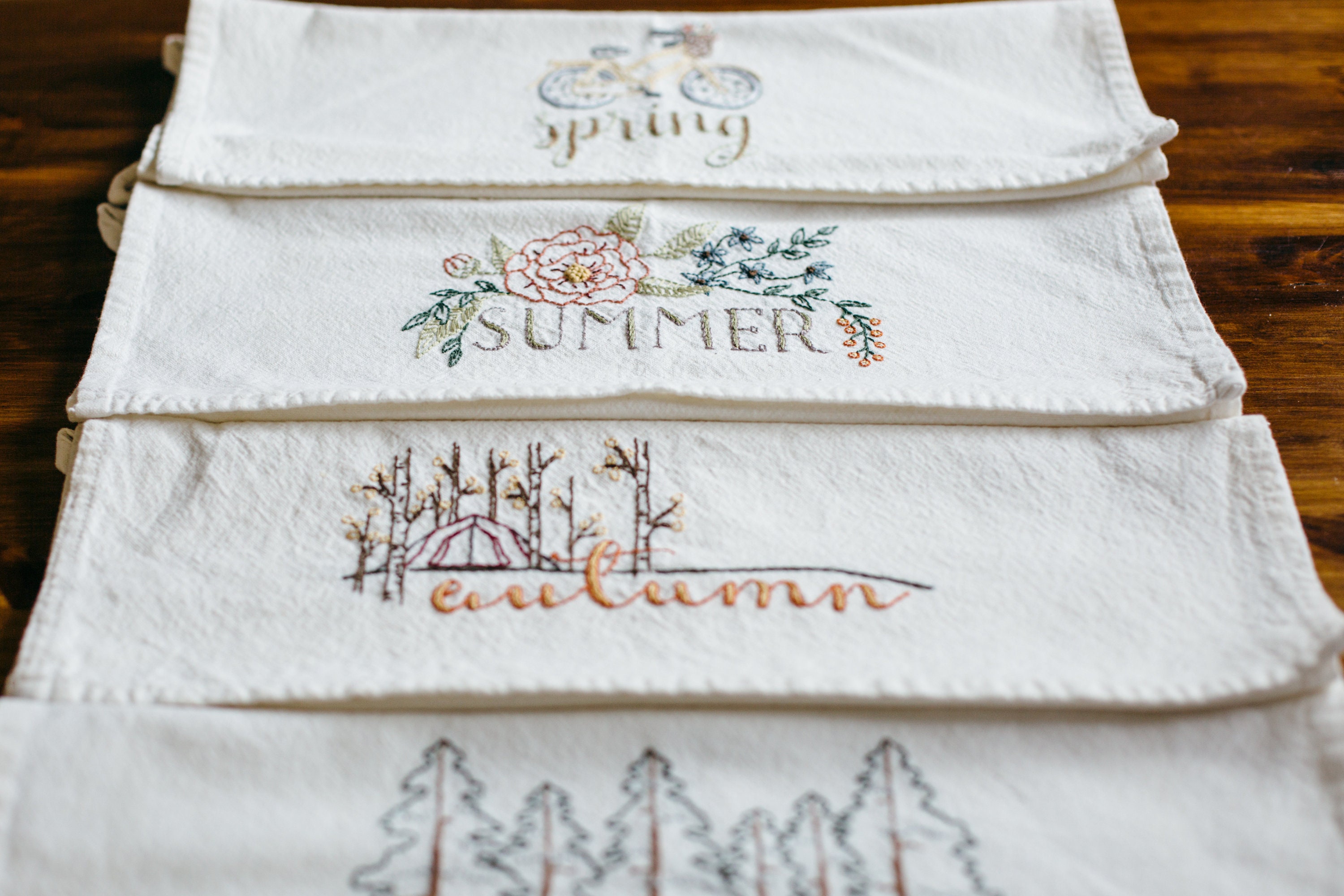 Hand Embroidered Tea Towels Set of 4 Custom Season Tea Etsy