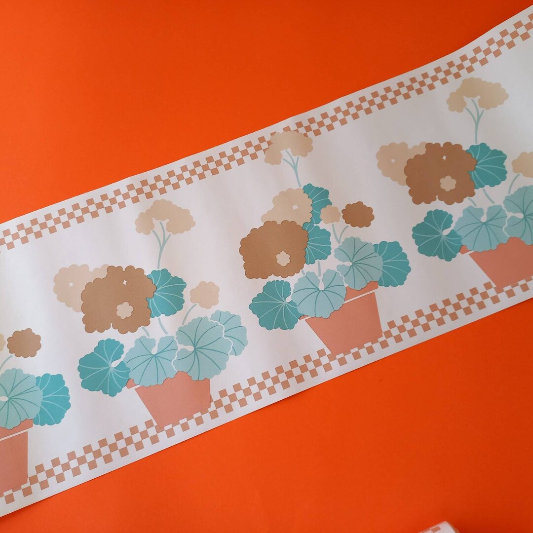 Original Wallpaper Frieze Retro Kitchen Blue Apricot Flower Pot Border