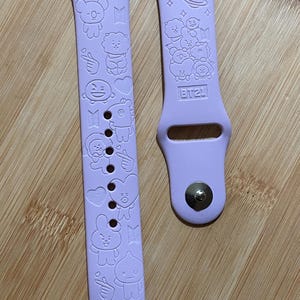 BTS k pop themed Engraved design on a silicone watch band compatible with Apple Watch and Samsung Galaxy Watch