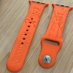 Anime themed chainsaw engraved design on a silicone watch band compatible with Apple Watch and Galaxy Watch .
