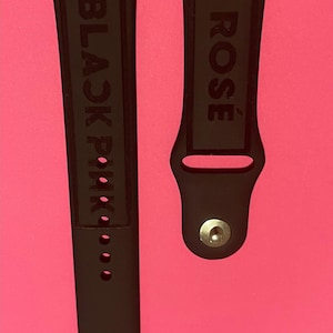 Black Pink k pop bias themed engraved design on a silicone watch band compatible with Apple Watch and Samsung Galaxy Watch