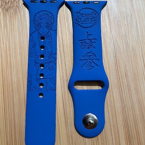 Anime themed, demon boy character engraved design on a silicone watch band compatible with Apple Watch and Galaxy Watch .