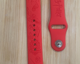 Wizard themed engraved design on a silicone watch band compatible with Apple Watch and Galaxy Watch .