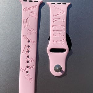 BTS Army Butter k pop themed Engraved design on a silicone watch band compatible with Apple Watch and Samsung Galaxy Watch