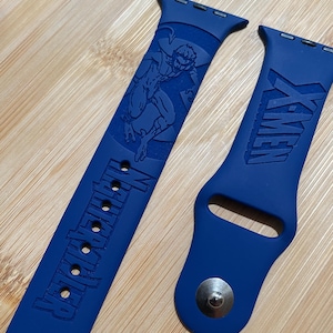 Superhero themed, earthworm character engraved design on a silicone watch band compatible with Apple Watch and Galaxy Watch .