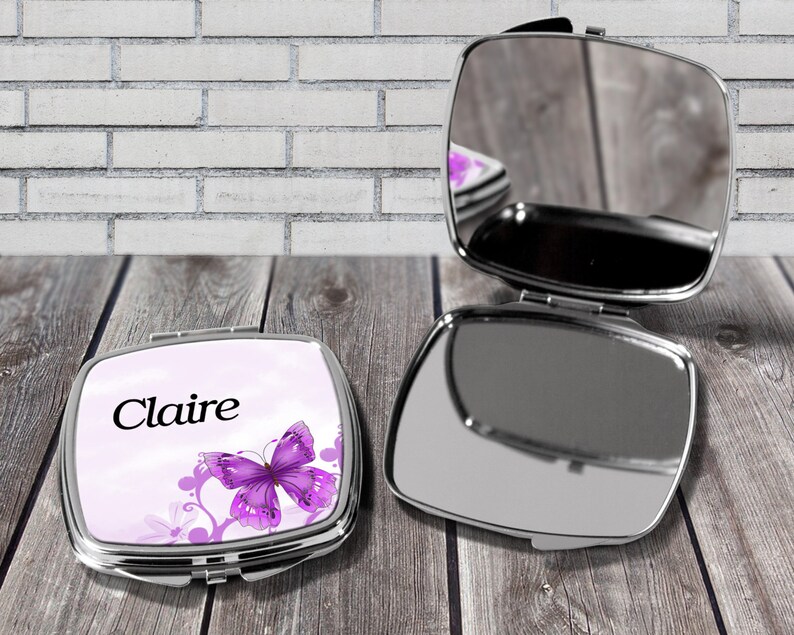 Compact mirror gift, Personalised compact mirror, Make up mirror, Pocket mirror, Own name, Butterfly print, Birthday gift, Gift for her image 1