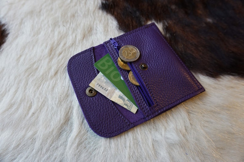 Leather wallet purse purple; wallet made in France