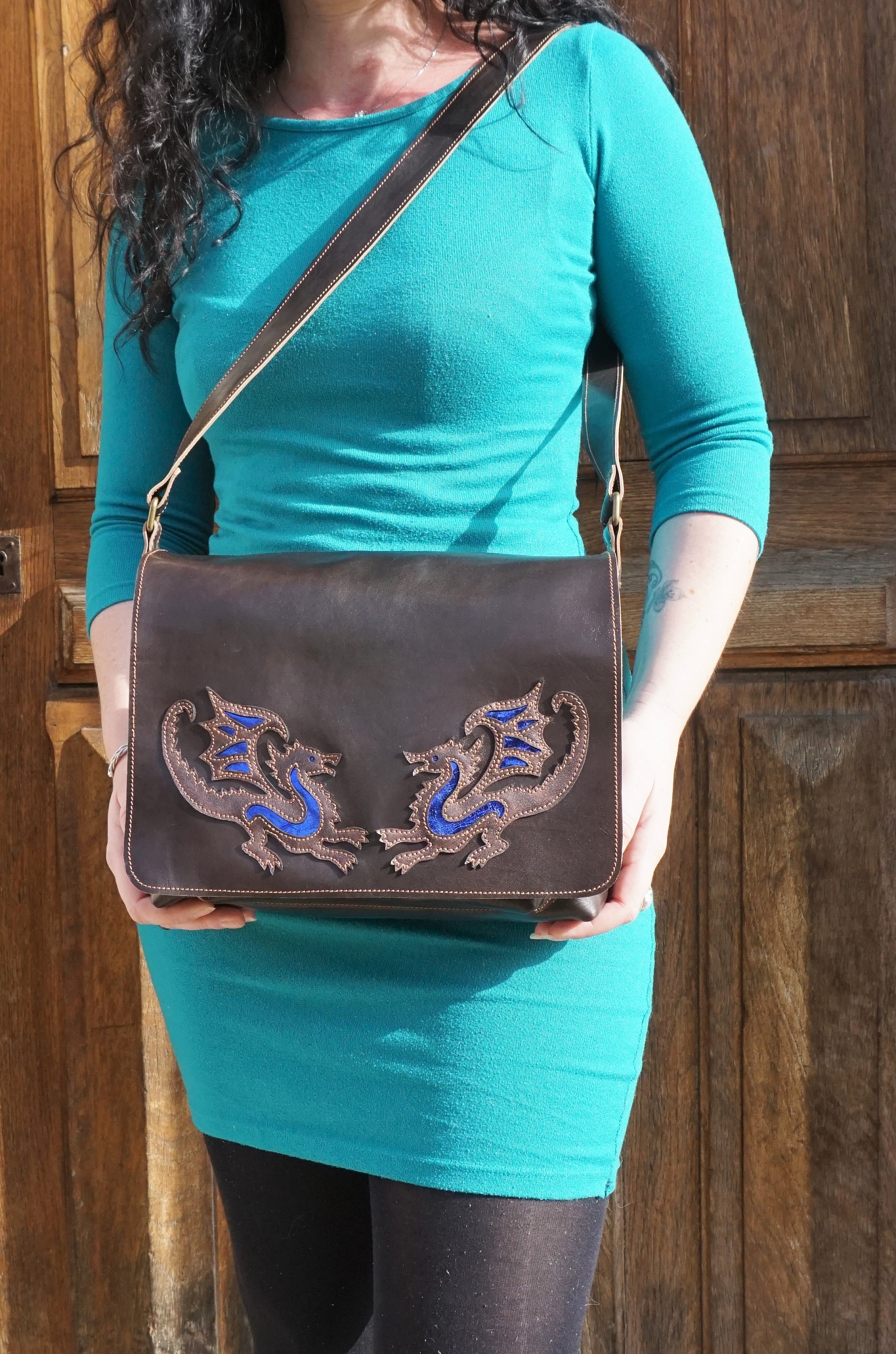 Brown leather shoulder bag with dragons | Etsy