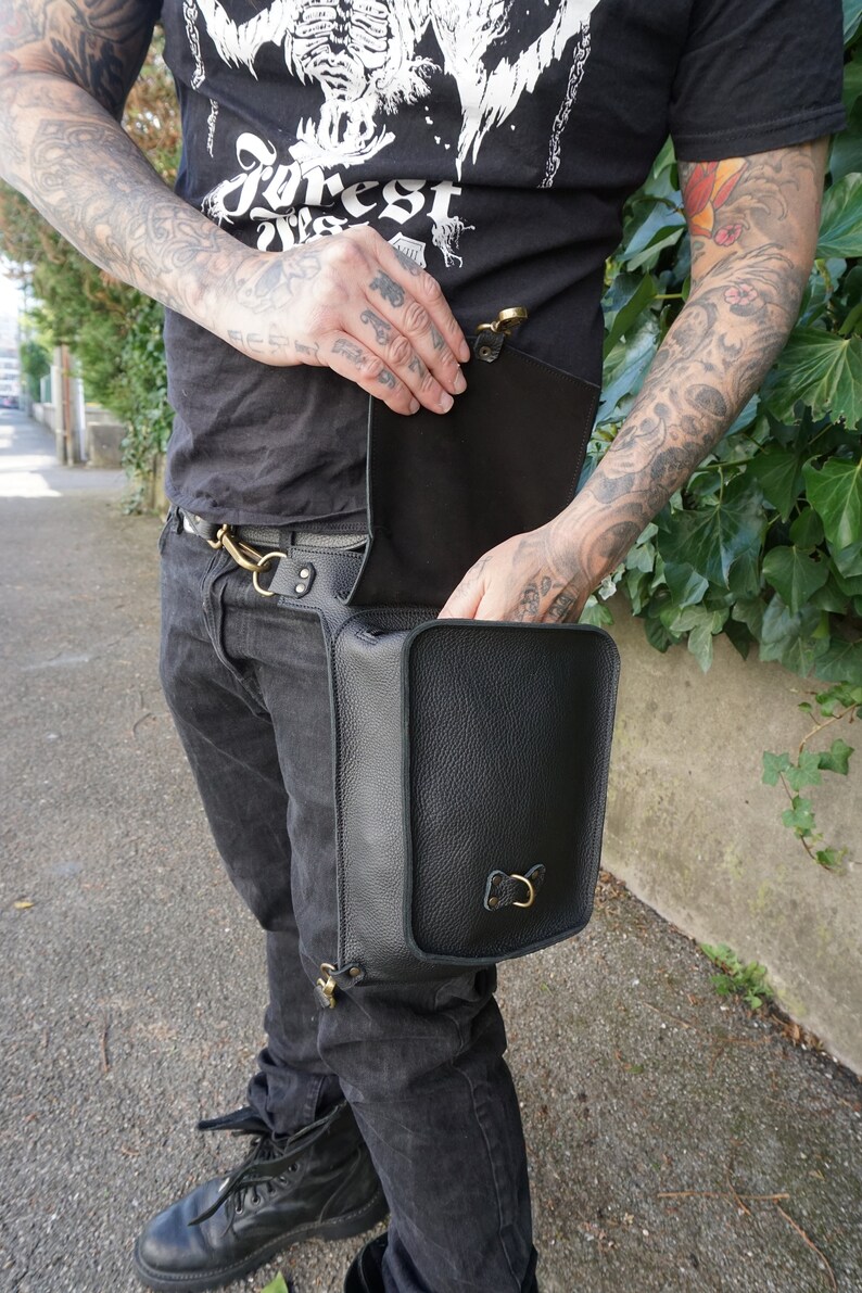 Black leather hip bag for biker or festival-goer or traveller