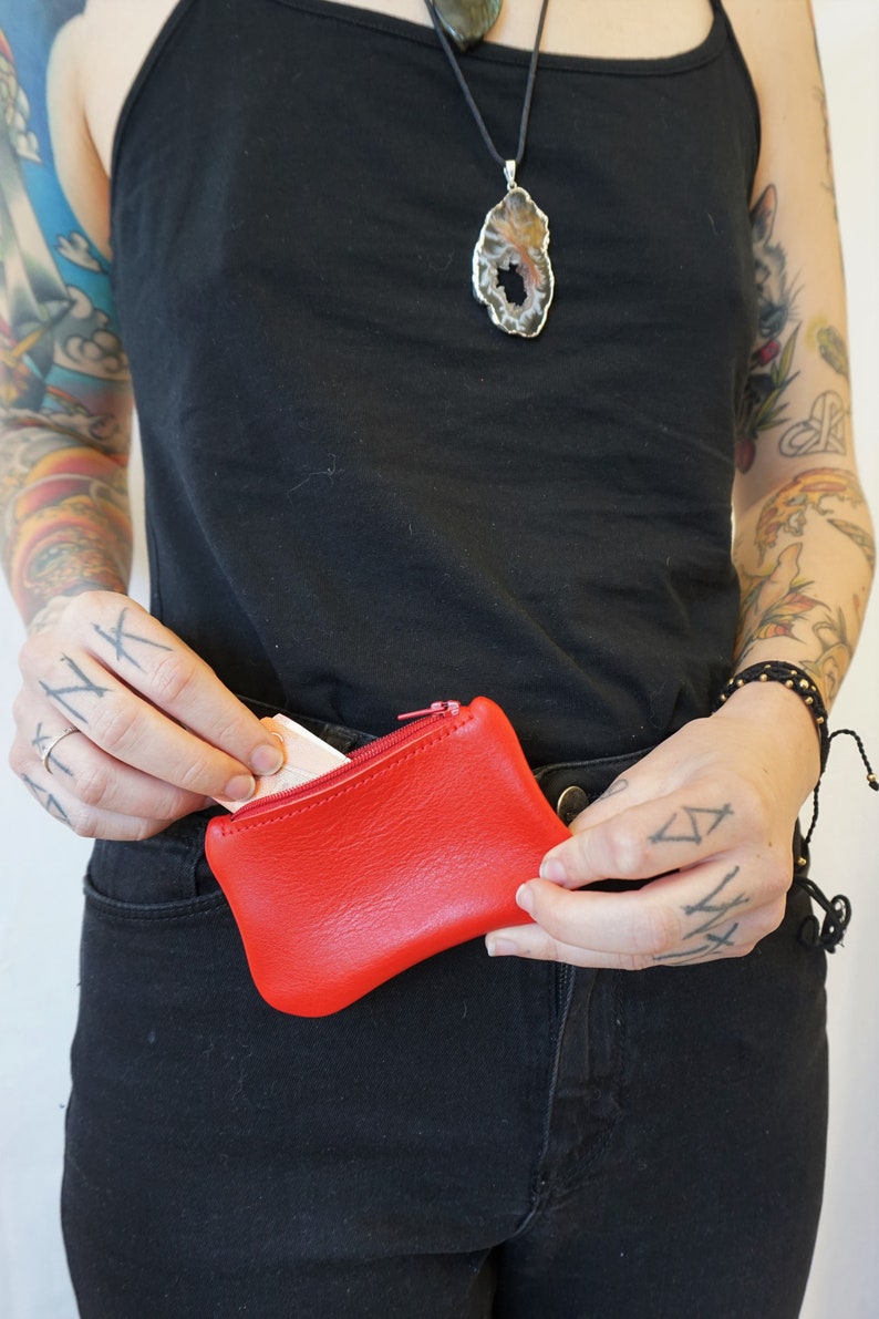 minimalist gift idea Red leather wallet coin purse made in France Leather wallet