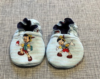 Pinocchio Reversible Soft Sole Crib Shoe Crawler Shoe Toddler Shoe Baby Moccasin Baby Gift Baby Shower  Baby Reveal Baby Announcement