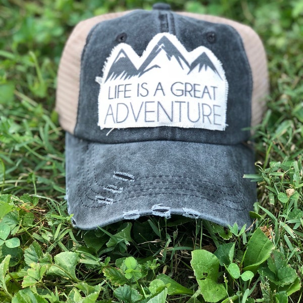 Cute Trucker Hat, Fall Hat, Adventure, Vintage Hat, Trucker Hat for Women, Black, Raggy Hat, Mountains, Cute Hat, Adventure Hat, Distressed