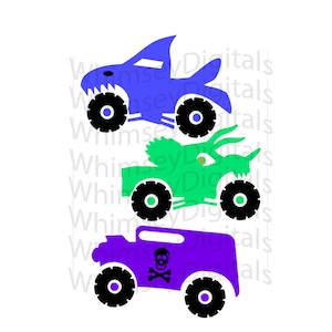 Może przedstawiać: Trzy projekty monster trucków, niebieski rekin, zielony dinozaur i fioletowy samochód z czaszką i skrzyżowanymi kośćmi.
