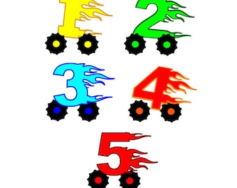 Monster Truck Flaming Birthday Numbers SVG set, Race Car, Digital Download Cut File, DIY Birthday Tshirt, Vinyl Cutting Design, 10 Designs
