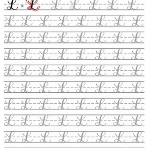 May include: A worksheet for practicing cursive letter L in basic modern calligraphy. The worksheet includes a sample letter L and multiple lines for practicing the letter.
