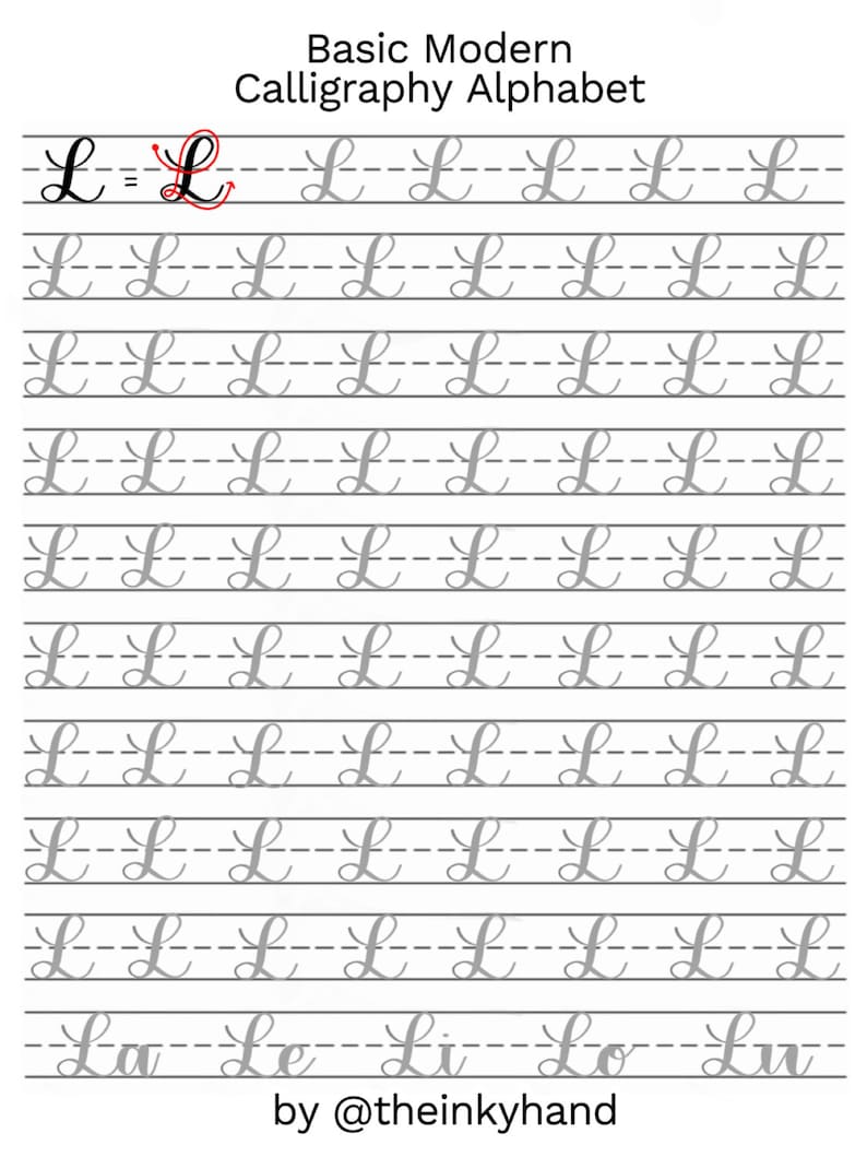 May include: A worksheet for practicing cursive letter L in basic modern calligraphy. The worksheet includes a sample letter L and multiple lines for practicing the letter.