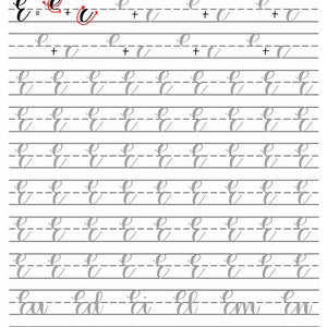 May include: A worksheet for practicing calligraphy with the letter 'e'. The worksheet includes a breakdown of the letter 'e' and multiple lines for practicing the letter.