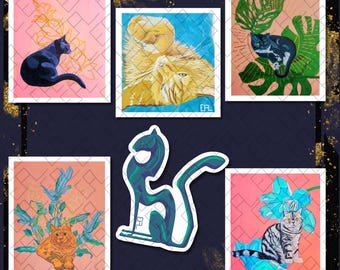 May include: A collection of five framed paintings featuring cats in various poses and settings. The paintings are on a dark blue background with gold glitter accents. The paintings feature a black cat with a pink background, a yellow cat with a blue background, a black cat with a green leaf background, a black cat silhouette with a blue and green background, and a gray tabby cat with a blue flower background.