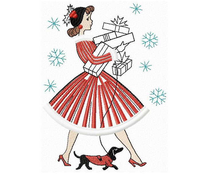 Lady with christmas gift machine embroidery design lady and  etsy Lady with christmas gift machine embroidery design lady and  etsy