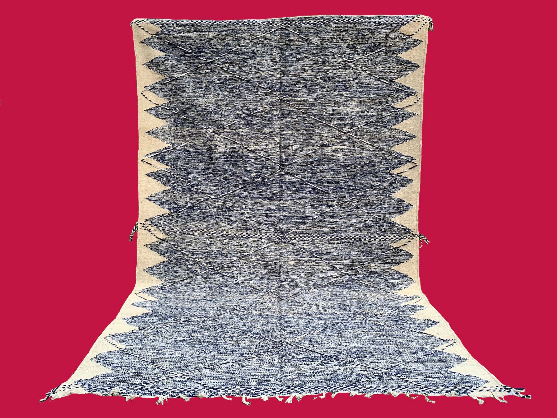 7x10 ブルーモロッコウールラグ：ハンドメイド平織りハンベルベルラグ