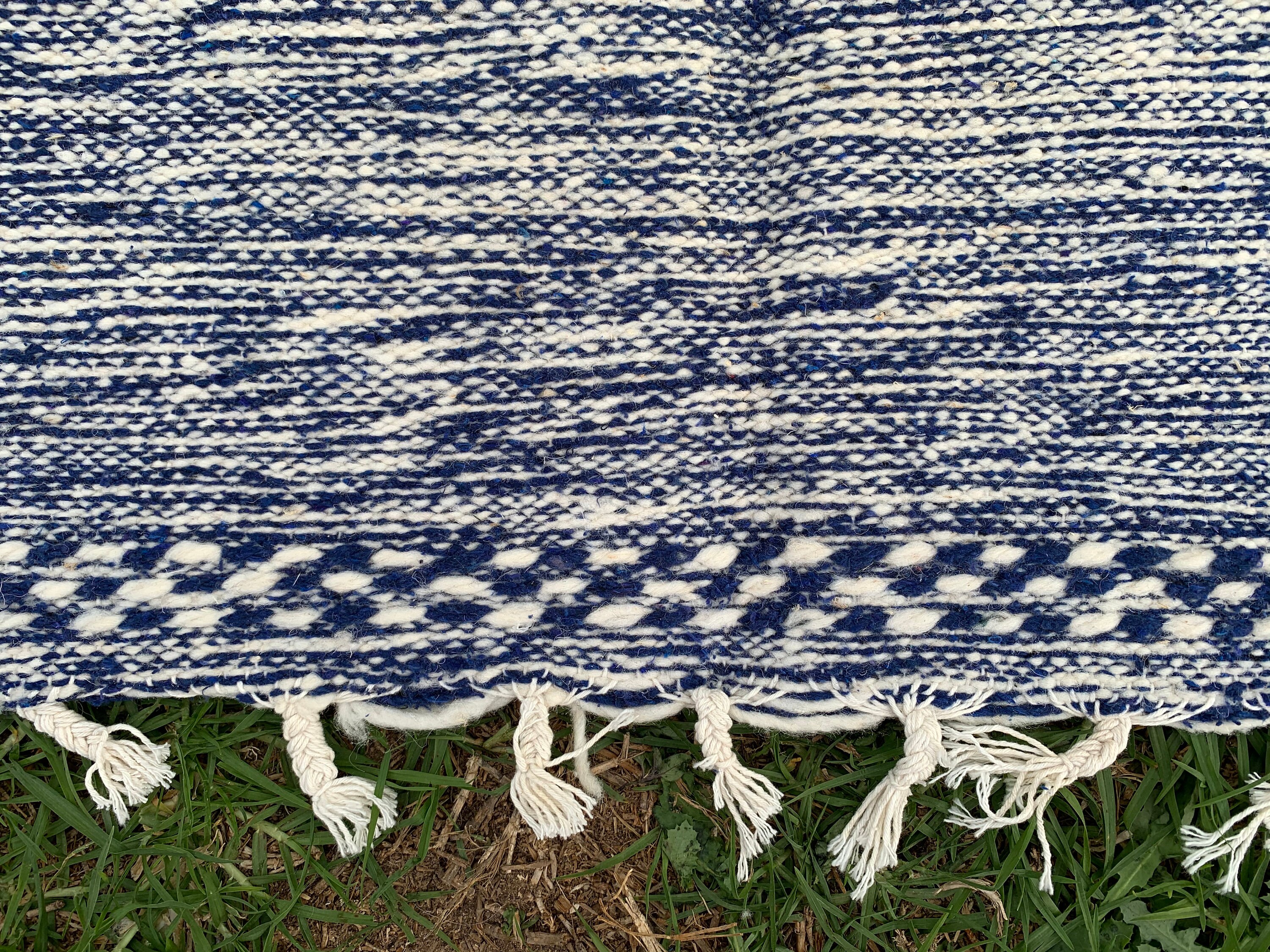 7x10 ブルーモロッコウールラグ：ハンドメイド平織りハンベルベルラグ