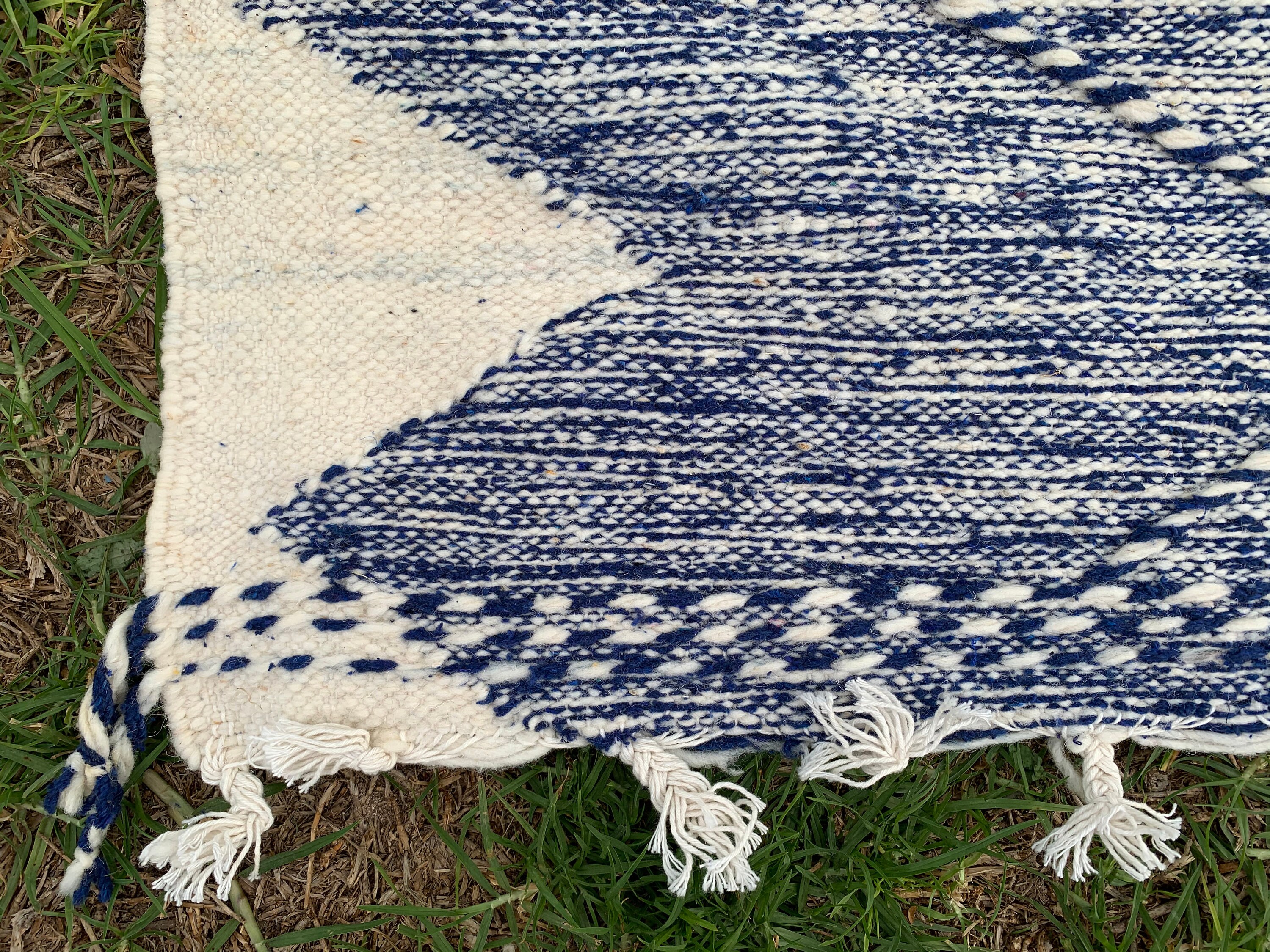 7x10 ブルーモロッコウールラグ：ハンドメイド平織りハンベルベルラグ