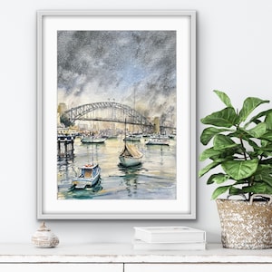 Aquarell Kunstdruck Aquarell Malerei Sydney Harbour Art Australische Landschaft Sydney Harbour Bridge Art Fähren Geschenk für Neues Zuhause