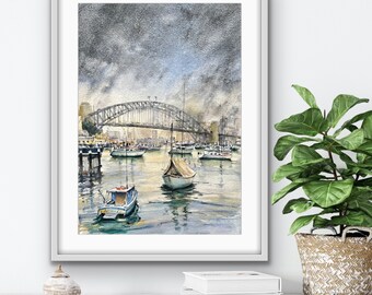 Akvarellkonsttryck från Sydney Harbour Bridge: Australiskt landskap