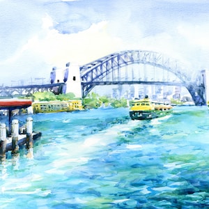 Aquarell Kunstdruck Aquarell Malerei Sydney Harbour Art Australische Landschaft Sydney Harbour Bridge Art Fähren Geschenk für Neues Zuhause