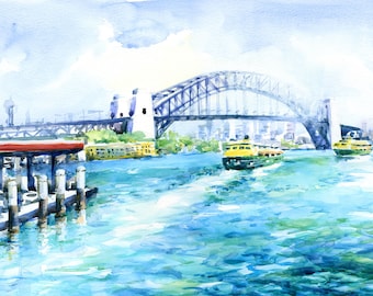 Akvarellkonsttryck från Sydney Harbour Bridge: Australiskt landskap