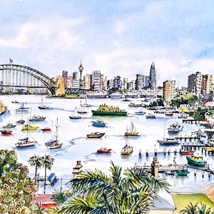 Sydney Harbour Boote Aquarell Wand Kunst Druck Aquarell Malerei australischen Druck Küsten Home Decor Art Print Handmade Geschenk