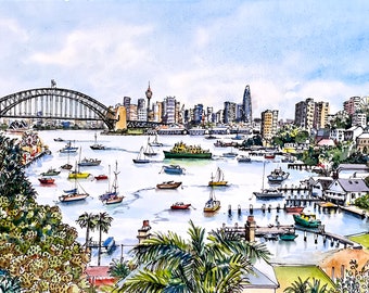 Sydney Harbour Boats Watercolour Wall Art Print Watercolor Painting Australian Print Coastal Home Decor Art Print Handmade Gift