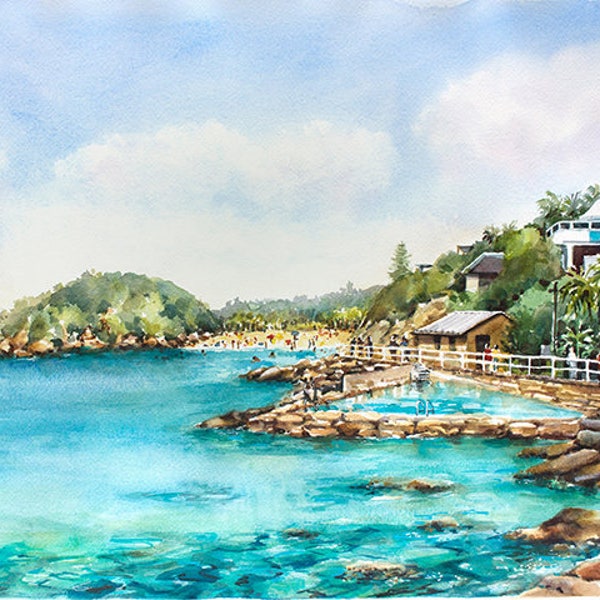 Watercolour Art Print Watercolor Painting Australian Coastal Wall Art Shelley Beach Sydney Print Australian Beach Art Gift Home Ocean Art