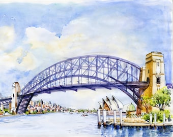 Akvarellkonsttryck från Sydney Harbour Bridge: Australiskt landskap