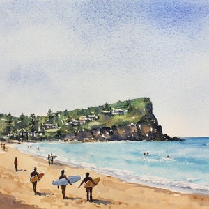 Aquarelkunstdruk Avalon Beach: Sydney Surfer Painting