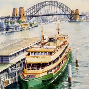 Manlyfärjan vid Circular Quay, Sydney Akvarellkonsttryck: Kustmålning i Australien