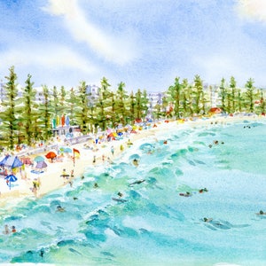 Aquarell Art Print Aquarell Malerei Einzigartige australische Kunst Küsten Wand Kunst Manly Beach Sydney Beach Decor Housewarming Geschenk Ozean Art