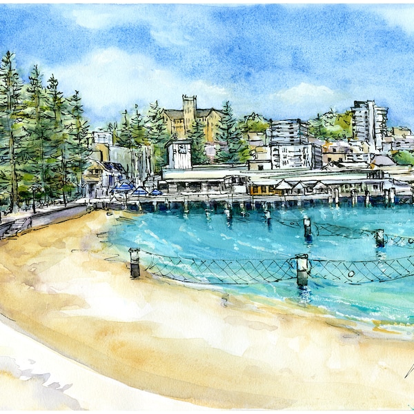 Watercolour Art Print Watercolor Painting Coastal Wall Decor Manly Wharf Sydney Art Australian Art Coastal Home Decor Gift Beach Decor Art