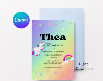 Unicorn Birthday Invitation | 3rd Birthday Invitation | Printable Unicorn Party Invite | Editable Canva Template