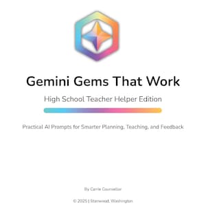 Op de afbeelding: Een witte boekomslag met de titel "Gemini Gems That Work" in vette zwarte letters. Daaronder staat "High School Teacher Helper Edition". De omslag heeft een kleurrijk geometrisch logo en de tekst "Practical AI Prompts for Smarter Planning, Teaching, and Feedback."