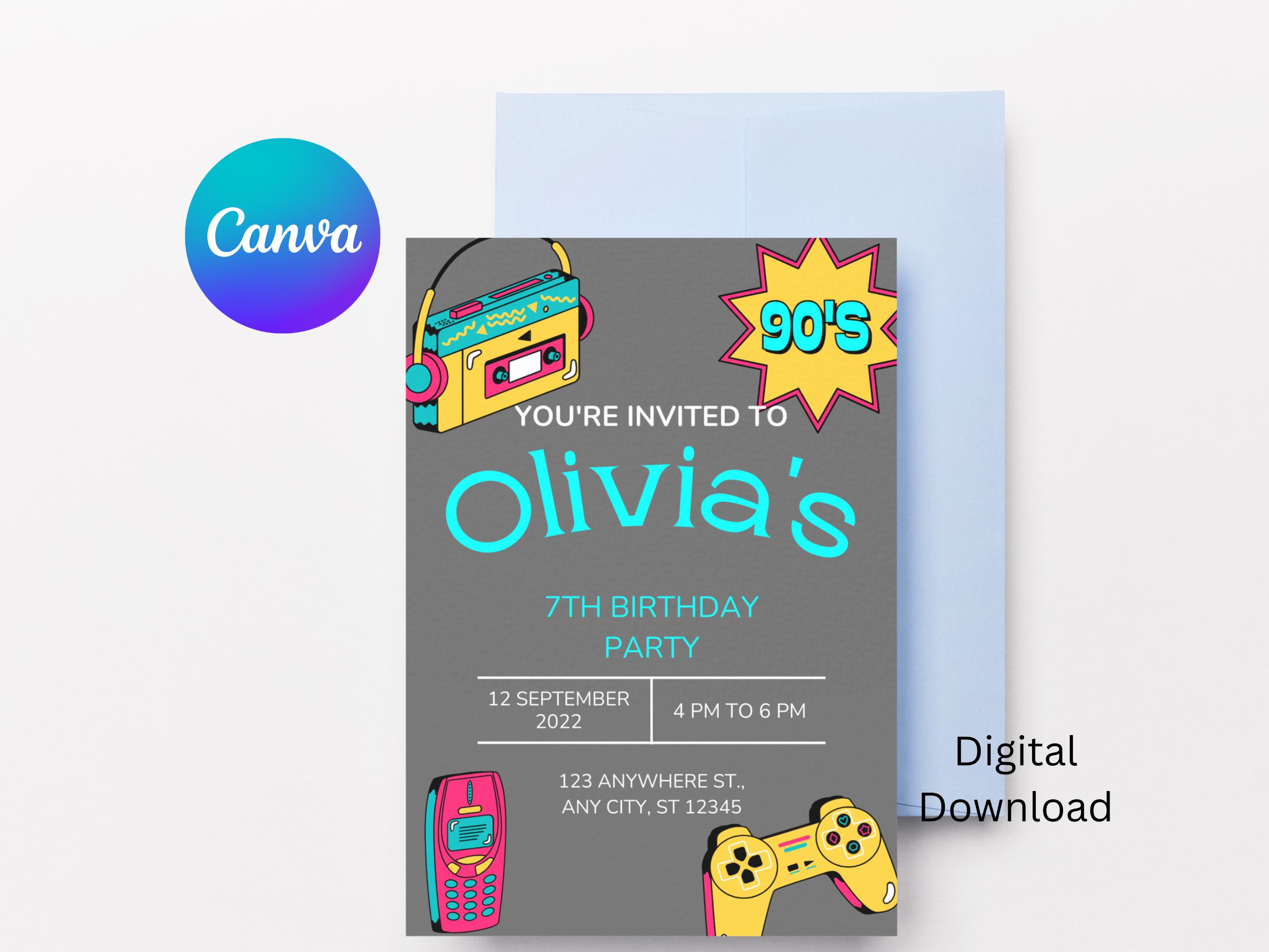 90s Retro Tech Birthday Invitation | Editable Digital Template | Neon ...
